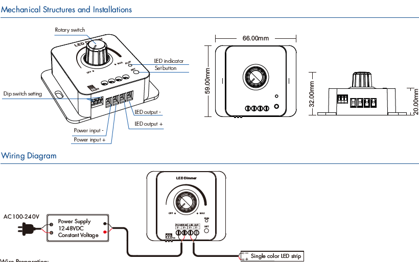V1-KC Single channel constant voltage LED Rotary dimmer